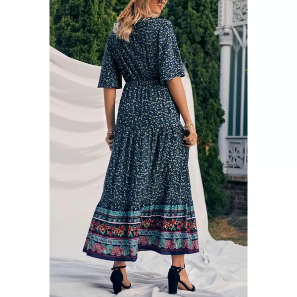 imagePRETTYGARDEN Womens Casual Summer Boho Floral Print Dress V Neck Short Sleeve High Waist Long Maxi Beach DressesNavy Floral
