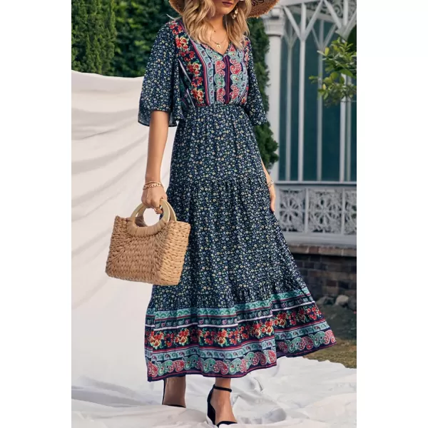 imagePRETTYGARDEN Womens Casual Summer Boho Floral Print Dress V Neck Short Sleeve High Waist Long Maxi Beach DressesNavy Floral