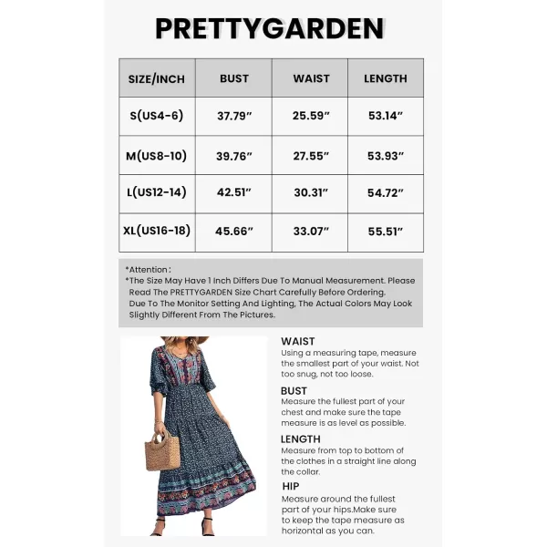 imagePRETTYGARDEN Womens Casual Summer Boho Floral Print Dress V Neck Short Sleeve High Waist Long Maxi Beach DressesNavy Floral