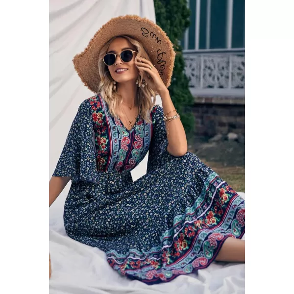 imagePRETTYGARDEN Womens Casual Summer Boho Floral Print Dress V Neck Short Sleeve High Waist Long Maxi Beach DressesNavy Floral