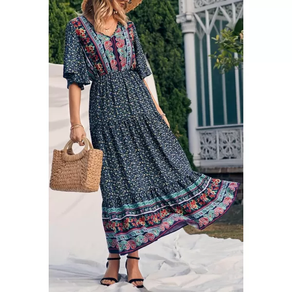imagePRETTYGARDEN Womens Casual Summer Boho Floral Print Dress V Neck Short Sleeve High Waist Long Maxi Beach DressesNavy Floral