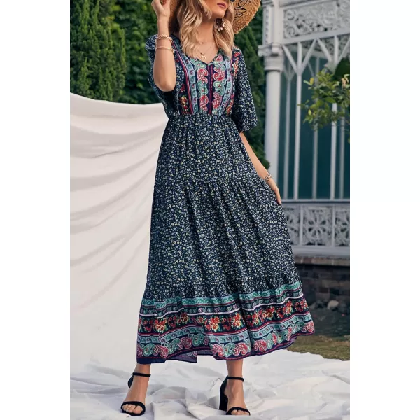 imagePRETTYGARDEN Womens Casual Summer Boho Floral Print Dress V Neck Short Sleeve High Waist Long Maxi Beach DressesNavy Floral