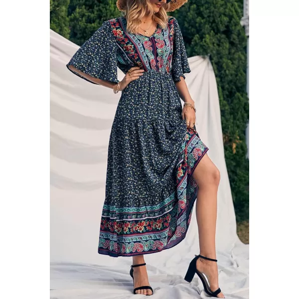 imagePRETTYGARDEN Womens Casual Summer Boho Floral Print Dress V Neck Short Sleeve High Waist Long Maxi Beach DressesNavy Floral