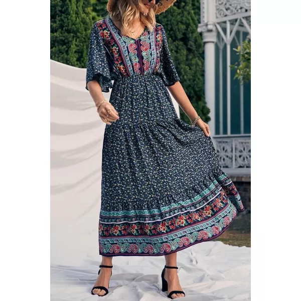 imagePRETTYGARDEN Womens Casual Summer Boho Floral Print Dress V Neck Short Sleeve High Waist Long Maxi Beach DressesNavy Floral