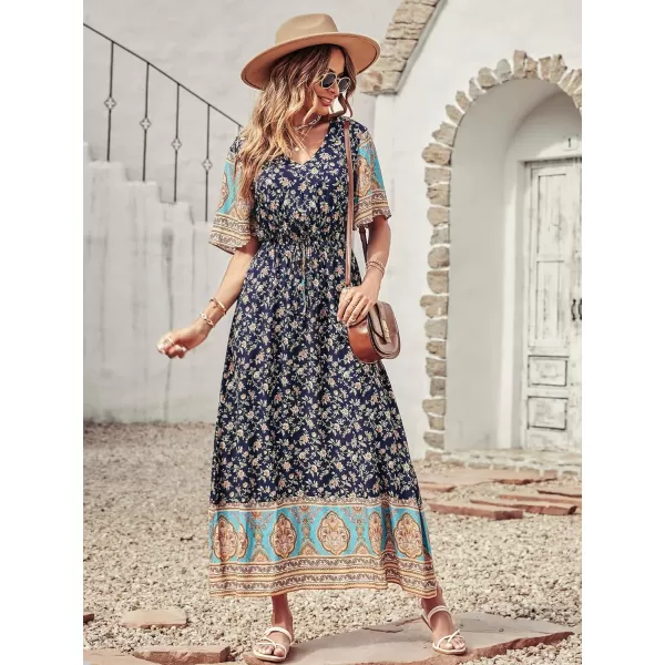 imagePRETTYGARDEN Womens Casual Summer Boho Floral Print Dress V Neck Short Sleeve High Waist Long Maxi Beach DressesNavy Yellow Floral