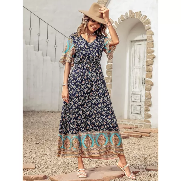 imagePRETTYGARDEN Womens Casual Summer Boho Floral Print Dress V Neck Short Sleeve High Waist Long Maxi Beach DressesNavy Yellow Floral