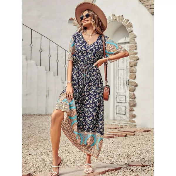 imagePRETTYGARDEN Womens Casual Summer Boho Floral Print Dress V Neck Short Sleeve High Waist Long Maxi Beach DressesNavy Yellow Floral