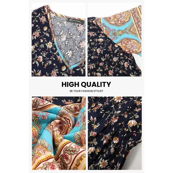 imagePRETTYGARDEN Womens Casual Summer Boho Floral Print Dress V Neck Short Sleeve High Waist Long Maxi Beach DressesNavy Yellow Floral