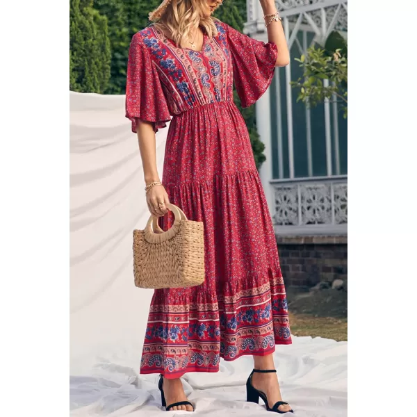 imagePRETTYGARDEN Womens Casual Summer Boho Floral Print Dress V Neck Short Sleeve High Waist Long Maxi Beach DressesRed Floral