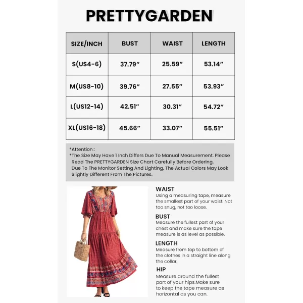 imagePRETTYGARDEN Womens Casual Summer Boho Floral Print Dress V Neck Short Sleeve High Waist Long Maxi Beach DressesRed Floral