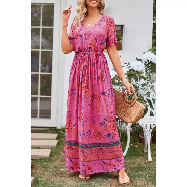 imagePRETTYGARDEN Womens Casual Summer Boho Floral Print Dress V Neck Short Sleeve High Waist Long Maxi Beach DressesRose Red Floral