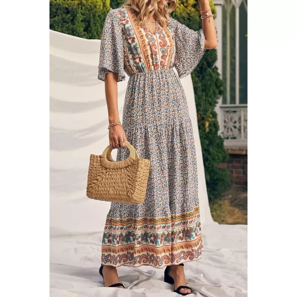 imagePRETTYGARDEN Womens Casual Summer Boho Floral Print Dress V Neck Short Sleeve High Waist Long Maxi Beach DressesWhite Floral