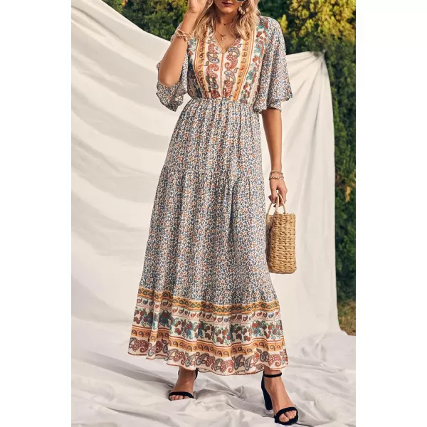 imagePRETTYGARDEN Womens Casual Summer Boho Floral Print Dress V Neck Short Sleeve High Waist Long Maxi Beach DressesWhite Floral