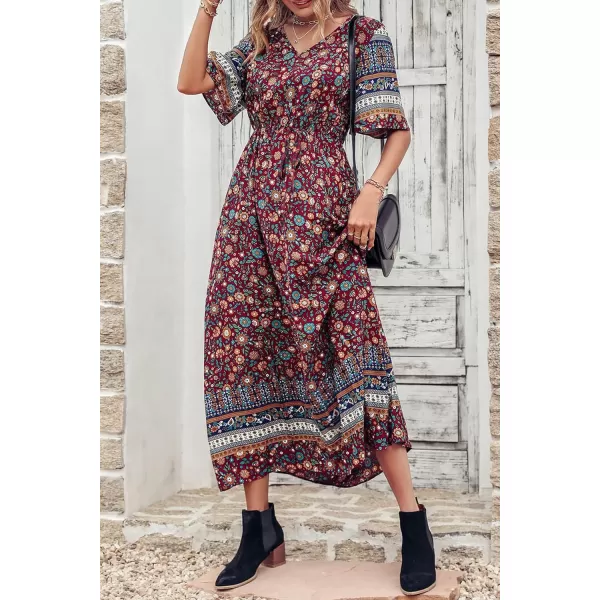 imagePRETTYGARDEN Womens Casual Summer Boho Floral Print Dress V Neck Short Sleeve High Waist Long Maxi Beach DressesWine Red Floral