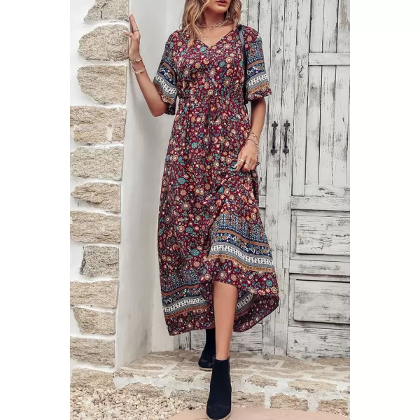 imagePRETTYGARDEN Womens Casual Summer Boho Floral Print Dress V Neck Short Sleeve High Waist Long Maxi Beach DressesWine Red Floral