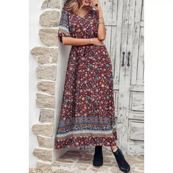 imagePRETTYGARDEN Womens Casual Summer Boho Floral Print Dress V Neck Short Sleeve High Waist Long Maxi Beach DressesWine Red Floral