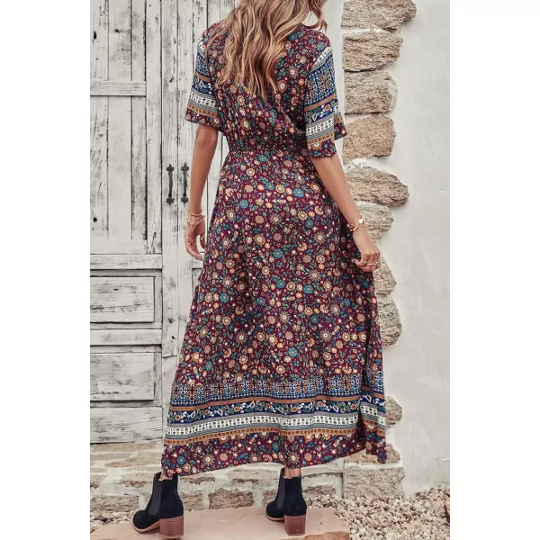imagePRETTYGARDEN Womens Casual Summer Boho Floral Print Dress V Neck Short Sleeve High Waist Long Maxi Beach DressesWine Red Floral