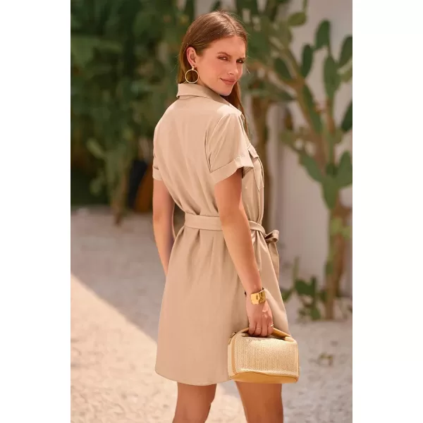 imagePRETTYGARDEN Womens Casual Summer Button Down Shirt Dress Collared V Neck Short Sleeve Belted Pocket DressesBeige