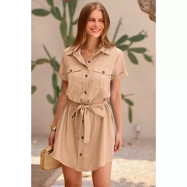 imagePRETTYGARDEN Womens Casual Summer Button Down Shirt Dress Collared V Neck Short Sleeve Belted Pocket DressesBeige