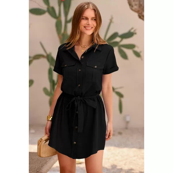 imagePRETTYGARDEN Womens Casual Summer Button Down Shirt Dress Collared V Neck Short Sleeve Belted Pocket DressesBlack