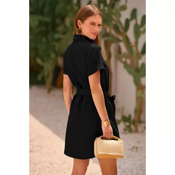 imagePRETTYGARDEN Womens Casual Summer Button Down Shirt Dress Collared V Neck Short Sleeve Belted Pocket DressesBlack