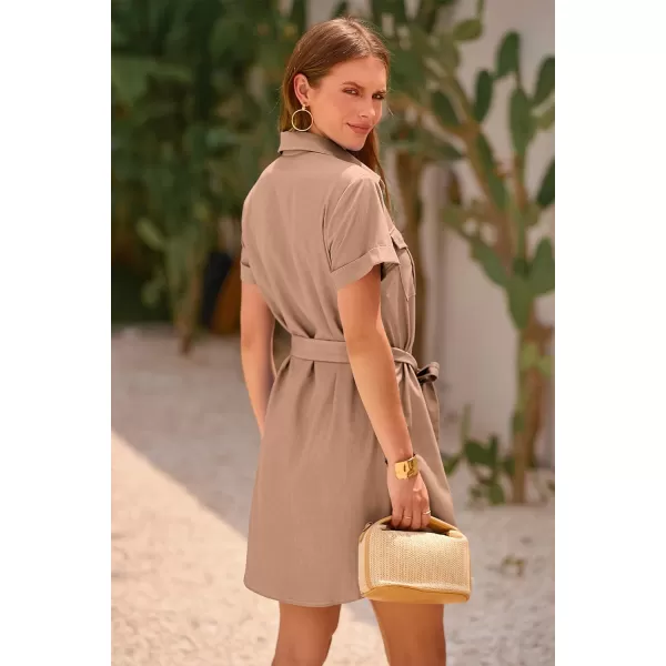 imagePRETTYGARDEN Womens Casual Summer Button Down Shirt Dress Collared V Neck Short Sleeve Belted Pocket DressesBrown
