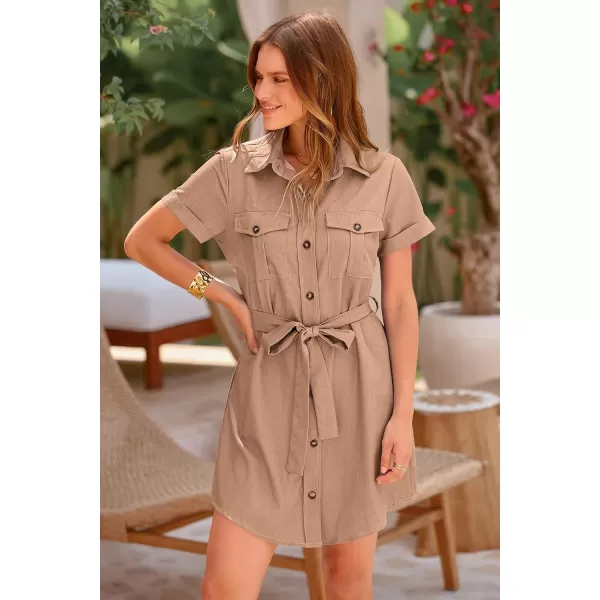 imagePRETTYGARDEN Womens Casual Summer Button Down Shirt Dress Collared V Neck Short Sleeve Belted Pocket DressesBrown