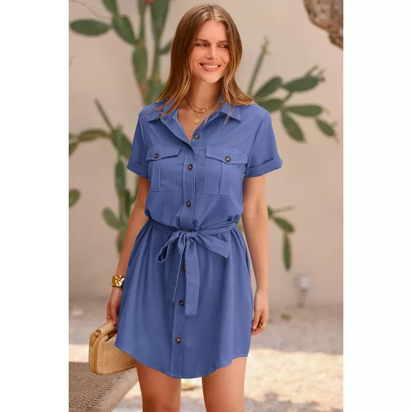 imagePRETTYGARDEN Womens Casual Summer Button Down Shirt Dress Collared V Neck Short Sleeve Belted Pocket DressesDark Blue