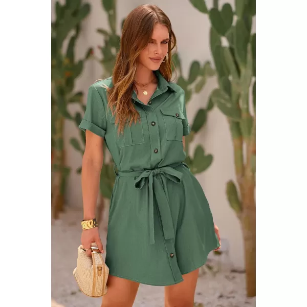 imagePRETTYGARDEN Womens Casual Summer Button Down Shirt Dress Collared V Neck Short Sleeve Belted Pocket DressesGreen