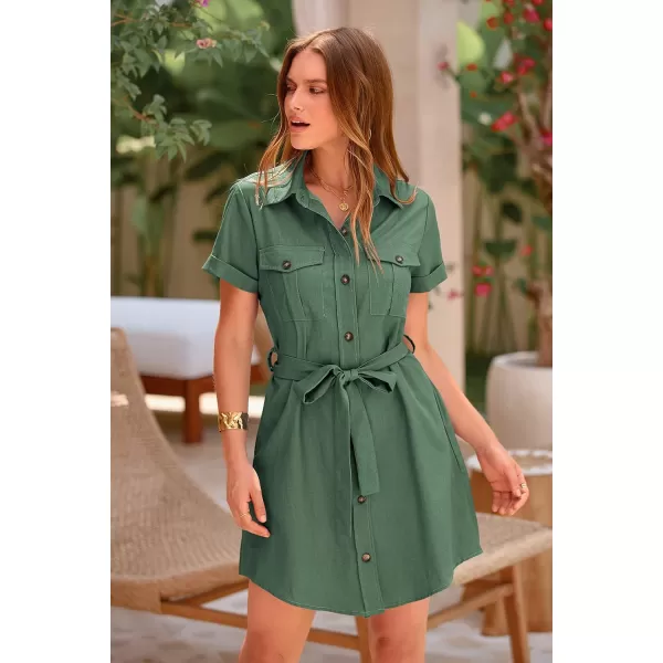 imagePRETTYGARDEN Womens Casual Summer Button Down Shirt Dress Collared V Neck Short Sleeve Belted Pocket DressesGreen
