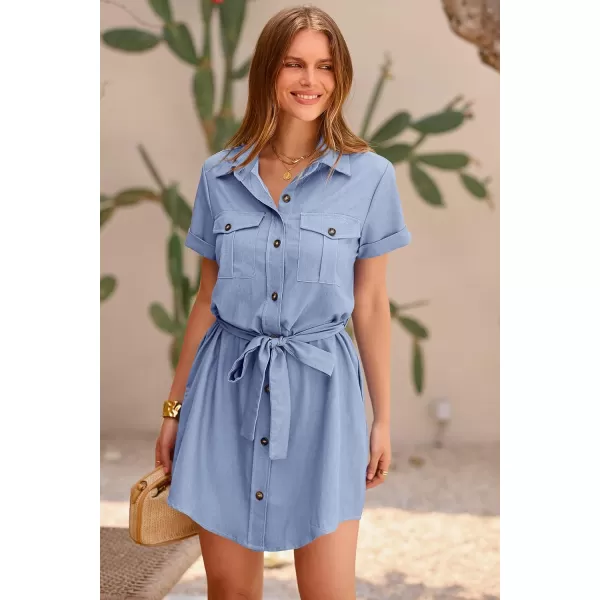 imagePRETTYGARDEN Womens Casual Summer Button Down Shirt Dress Collared V Neck Short Sleeve Belted Pocket DressesLight Blue