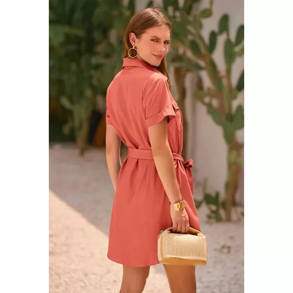 imagePRETTYGARDEN Womens Casual Summer Button Down Shirt Dress Collared V Neck Short Sleeve Belted Pocket DressesOrange Red