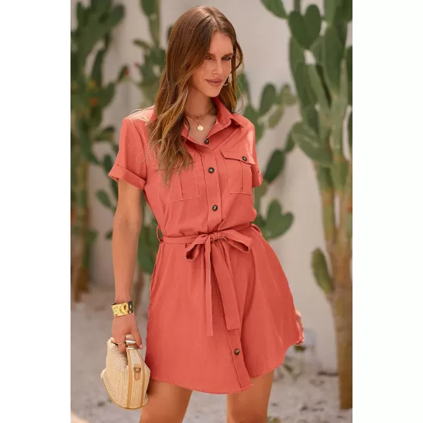 imagePRETTYGARDEN Womens Casual Summer Button Down Shirt Dress Collared V Neck Short Sleeve Belted Pocket DressesOrange Red