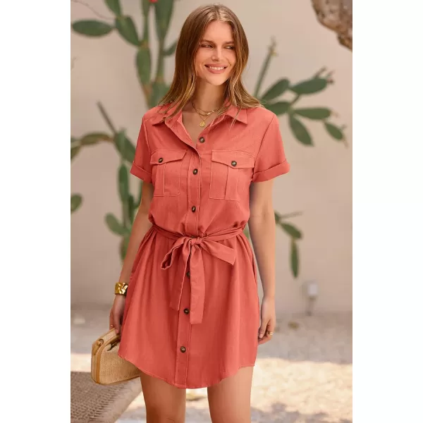 imagePRETTYGARDEN Womens Casual Summer Button Down Shirt Dress Collared V Neck Short Sleeve Belted Pocket DressesOrange Red