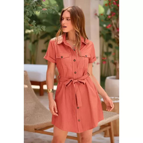 imagePRETTYGARDEN Womens Casual Summer Button Down Shirt Dress Collared V Neck Short Sleeve Belted Pocket DressesOrange Red