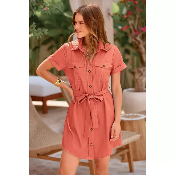 imagePRETTYGARDEN Womens Casual Summer Button Down Shirt Dress Collared V Neck Short Sleeve Belted Pocket DressesOrange Red