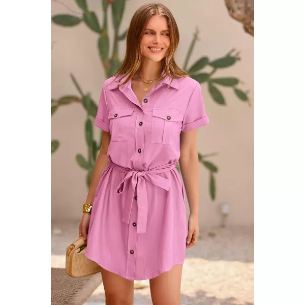imagePRETTYGARDEN Womens Casual Summer Button Down Shirt Dress Collared V Neck Short Sleeve Belted Pocket DressesPink
