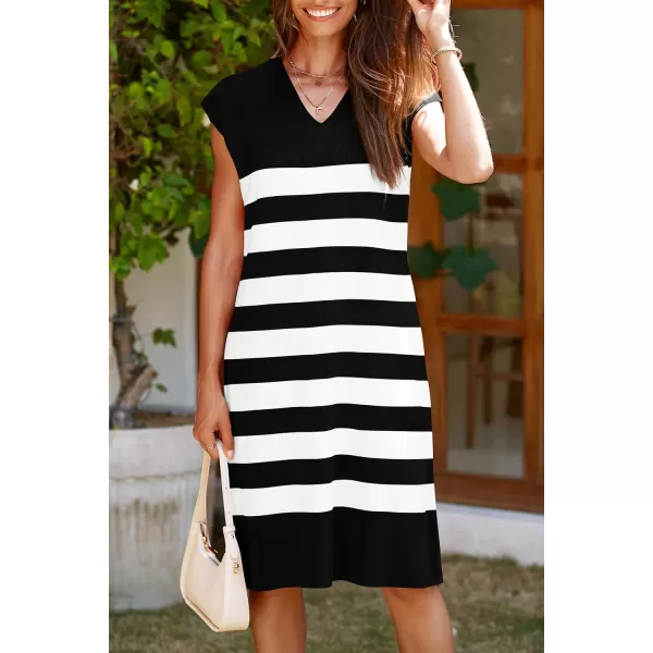 imagePRETTYGARDEN Womens Casual Summer Dress Cap Sleeve V Neck Stripe Knitted Loose Shift DressesBlack