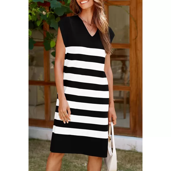 imagePRETTYGARDEN Womens Casual Summer Dress Cap Sleeve V Neck Stripe Knitted Loose Shift DressesBlack