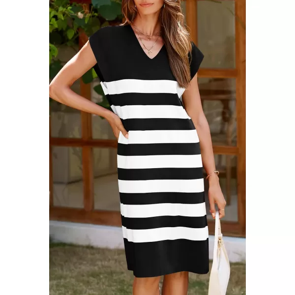 imagePRETTYGARDEN Womens Casual Summer Dress Cap Sleeve V Neck Stripe Knitted Loose Shift DressesBlack