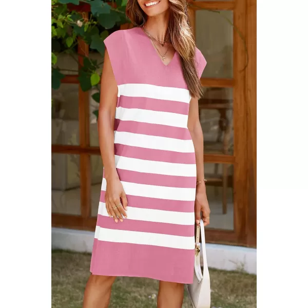 imagePRETTYGARDEN Womens Casual Summer Dress Cap Sleeve V Neck Stripe Knitted Loose Shift DressesDusty Pink