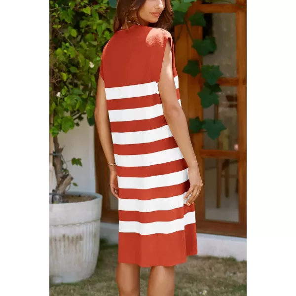 imagePRETTYGARDEN Womens Casual Summer Dress Cap Sleeve V Neck Stripe Knitted Loose Shift DressesRust Red