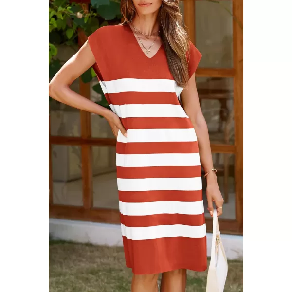 imagePRETTYGARDEN Womens Casual Summer Dress Cap Sleeve V Neck Stripe Knitted Loose Shift DressesRust Red