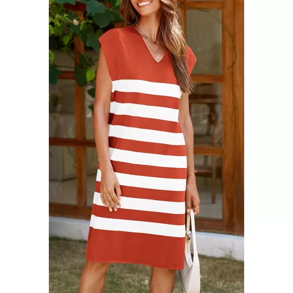imagePRETTYGARDEN Womens Casual Summer Dress Cap Sleeve V Neck Stripe Knitted Loose Shift DressesRust Red