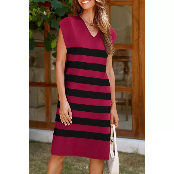imagePRETTYGARDEN Womens Casual Summer Dress Cap Sleeve V Neck Stripe Knitted Loose Shift DressesWine Red