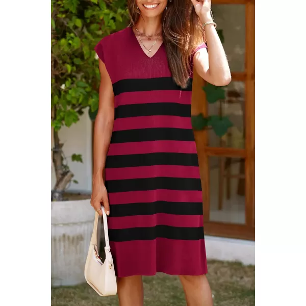 imagePRETTYGARDEN Womens Casual Summer Dress Cap Sleeve V Neck Stripe Knitted Loose Shift DressesWine Red
