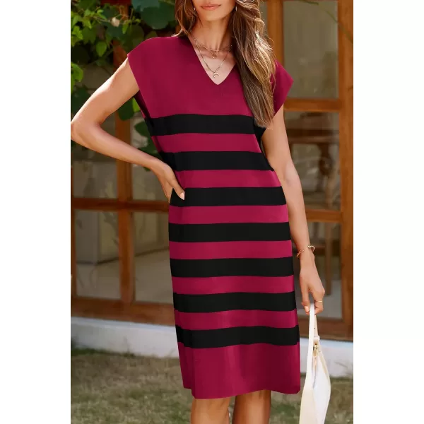imagePRETTYGARDEN Womens Casual Summer Dress Cap Sleeve V Neck Stripe Knitted Loose Shift DressesWine Red