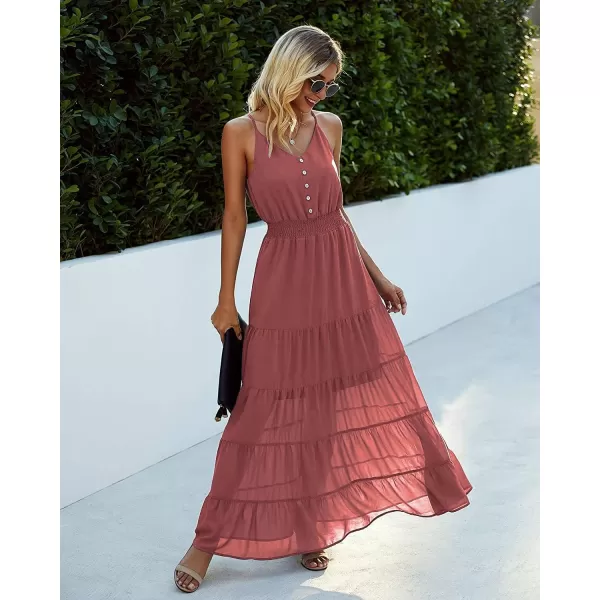 imagePRETTYGARDEN Womens Casual Summer Dress Spaghetti Strap Sleeveless High Waist Beach Long Maxi Sun DressesBrick Red