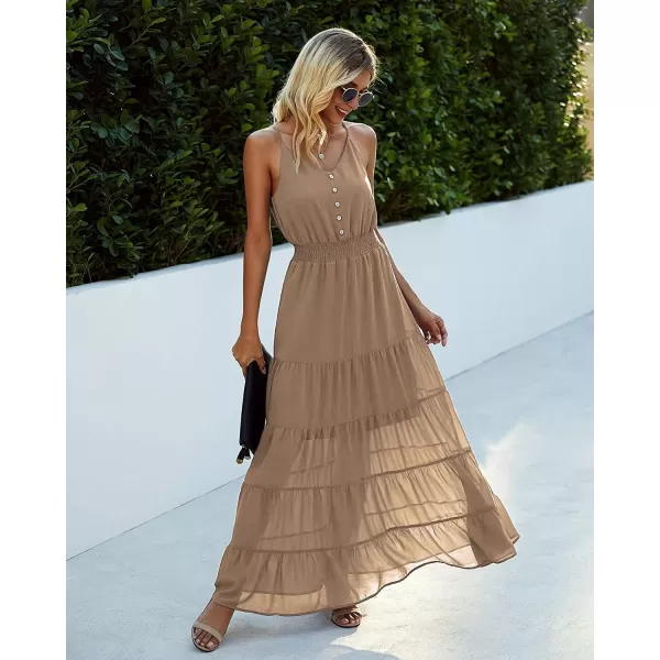 imagePRETTYGARDEN Womens Casual Summer Dress Spaghetti Strap Sleeveless High Waist Beach Long Maxi Sun DressesDark Apricot