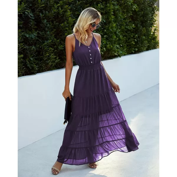 imagePRETTYGARDEN Womens Casual Summer Dress Spaghetti Strap Sleeveless High Waist Beach Long Maxi Sun DressesDark Purple